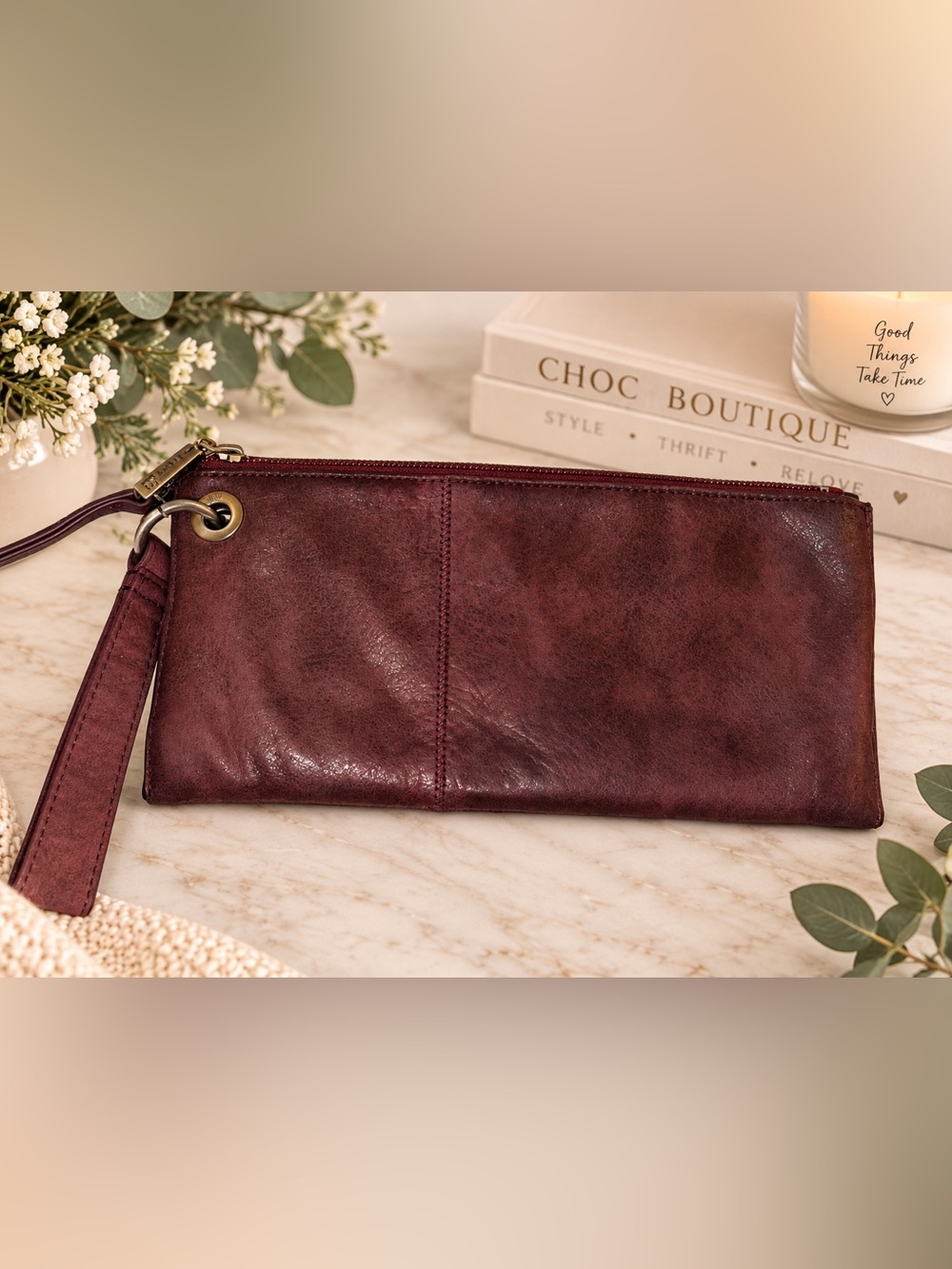 HOBO International Burgundy Leather Wristlet Clutch Zip Pouch